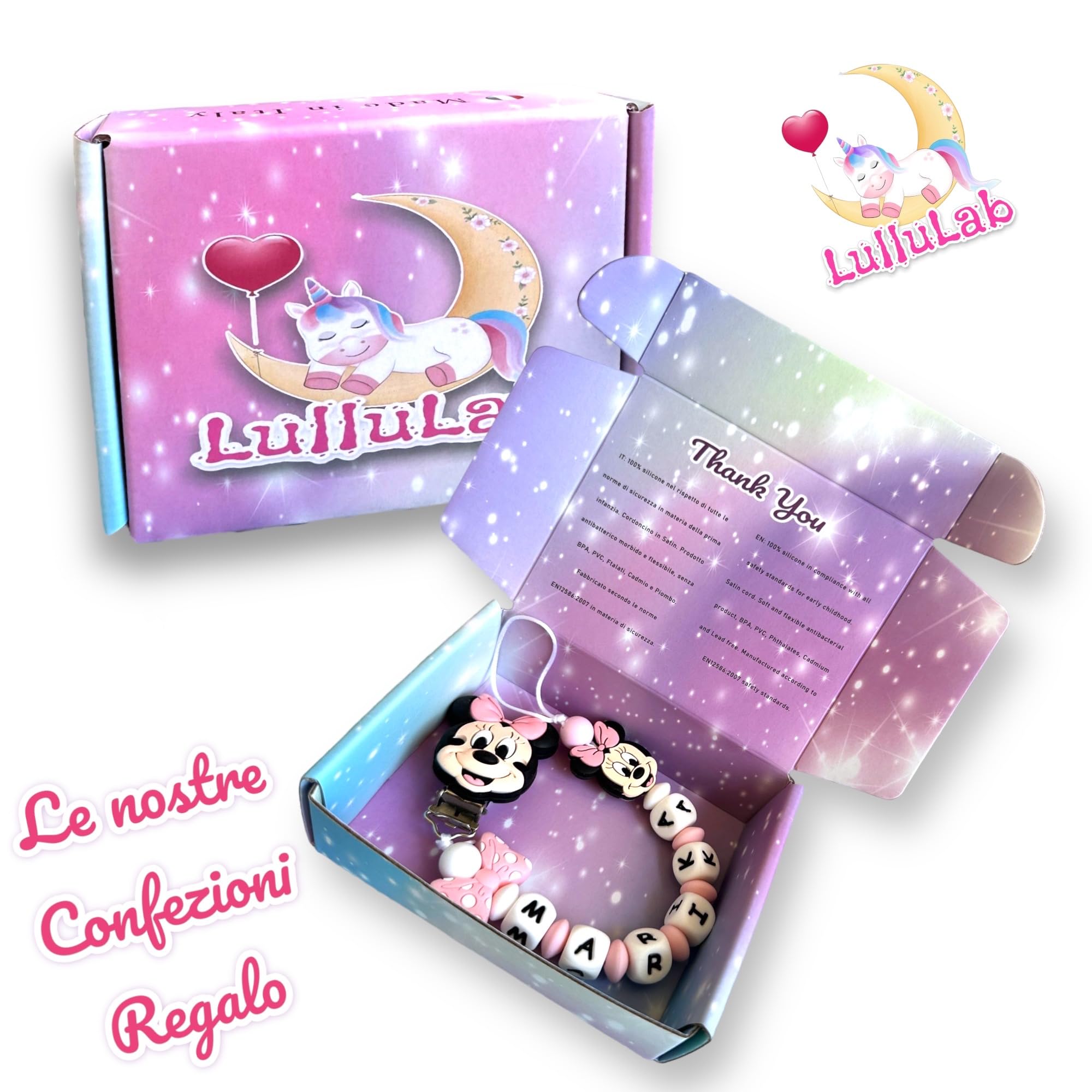 Catenella Portaciuccio Personalizzata con Nome per Neonati, Clip Ciuccio Universale Anticaduta, Idea Regalo Nascita (Minnie) - 3