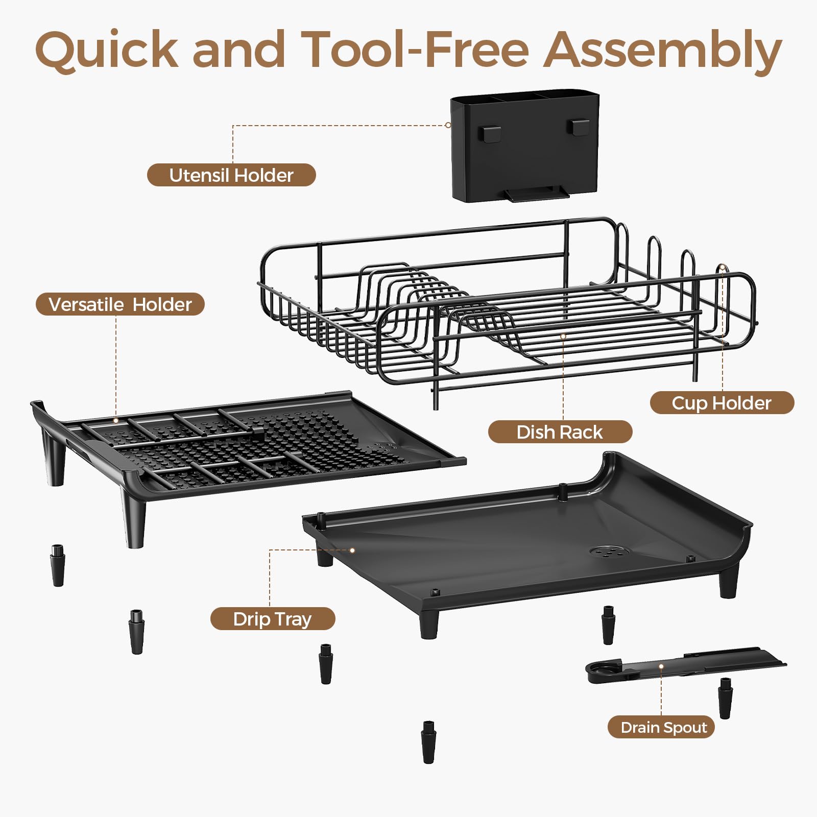 kingrack Égouttoir à Vaisselle Extensible - Égouttoir à Vaisselle Pliable pour compteurs de Cuisine - en Acier Inoxydable - avec Porte-Couverts - Noir
