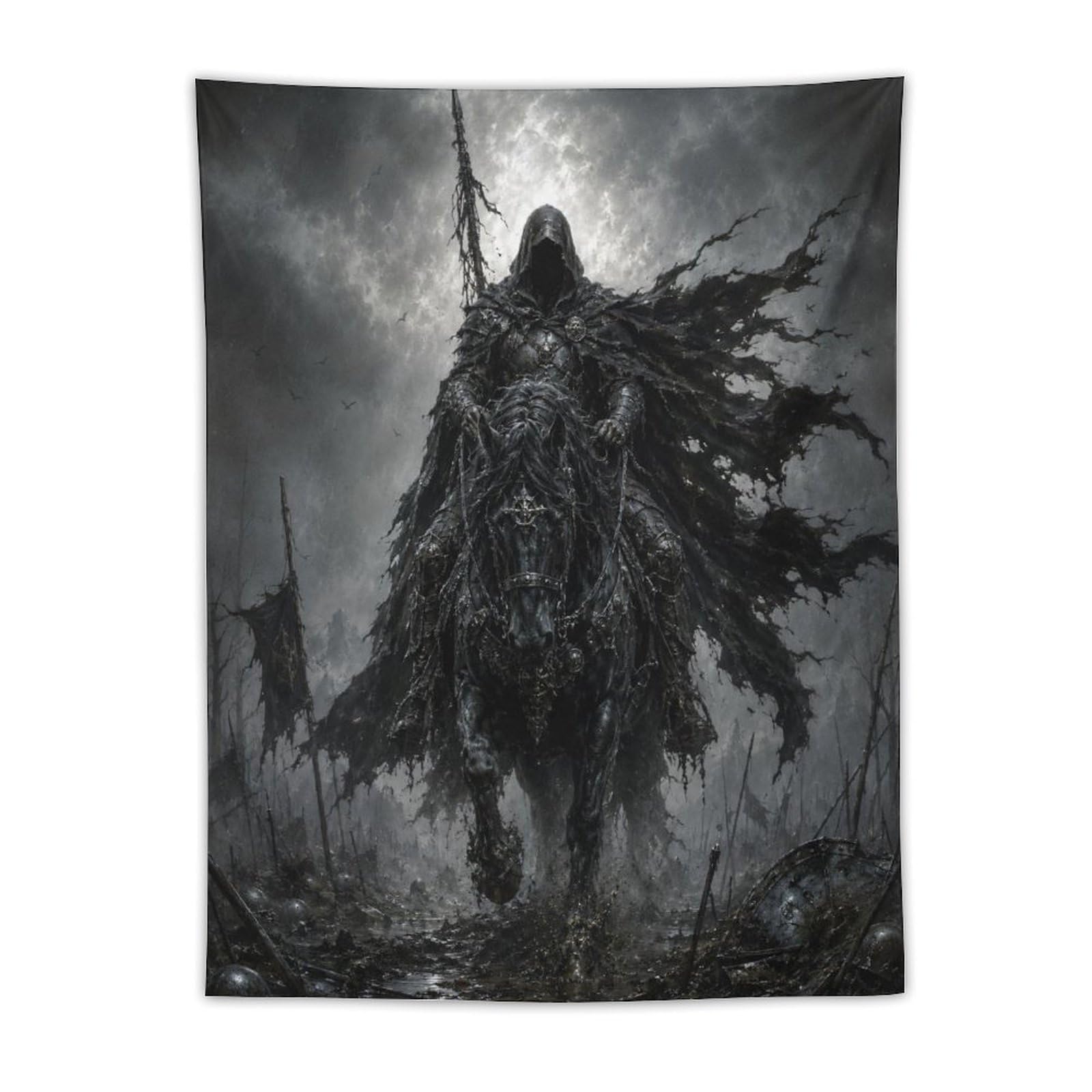 H3B8U2Y5 Black Armored Horseman Wall Tapestry, Medieval Illustration Style