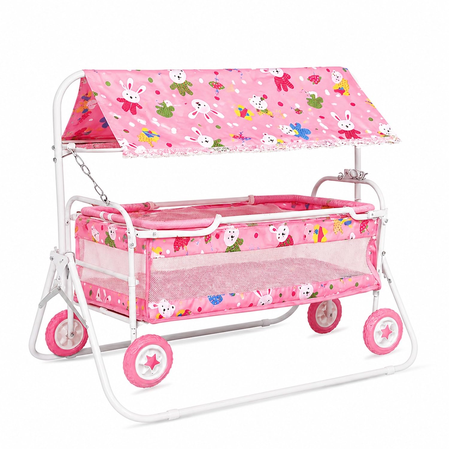 BabyGo Baby Cradle with Swing, Mosquito Net & Canopy | 0–24 Months | Foldable 2-in-1 Rocking Cradle Cot with 4 Wheels & Brake | Soft Bed | Metal Frame | Pink (Large)-image-2