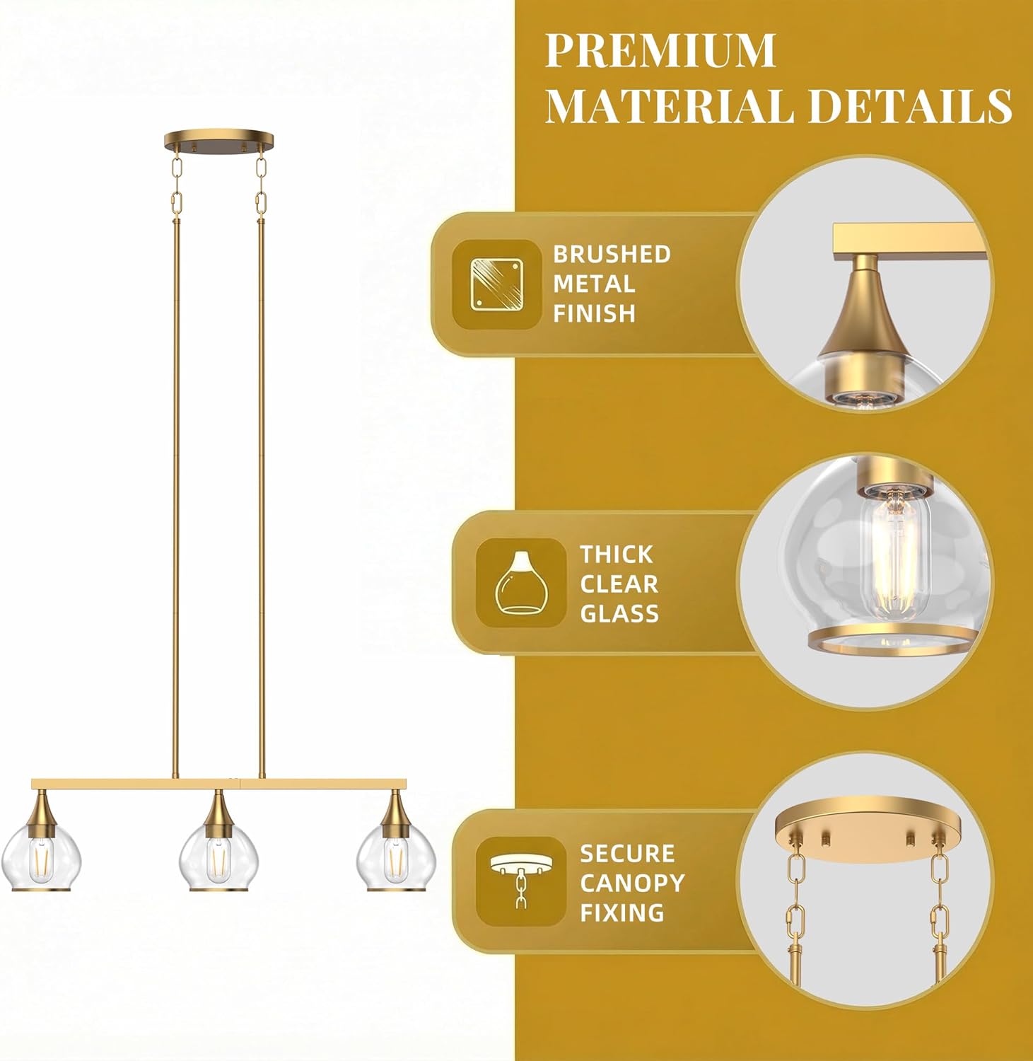 Kitchen Island Linear Pendant Light, 3-Light Gold Dining Room Chandelier with Clear Glass Globe Shades, Modern Linear Lighting Fixture Over Table