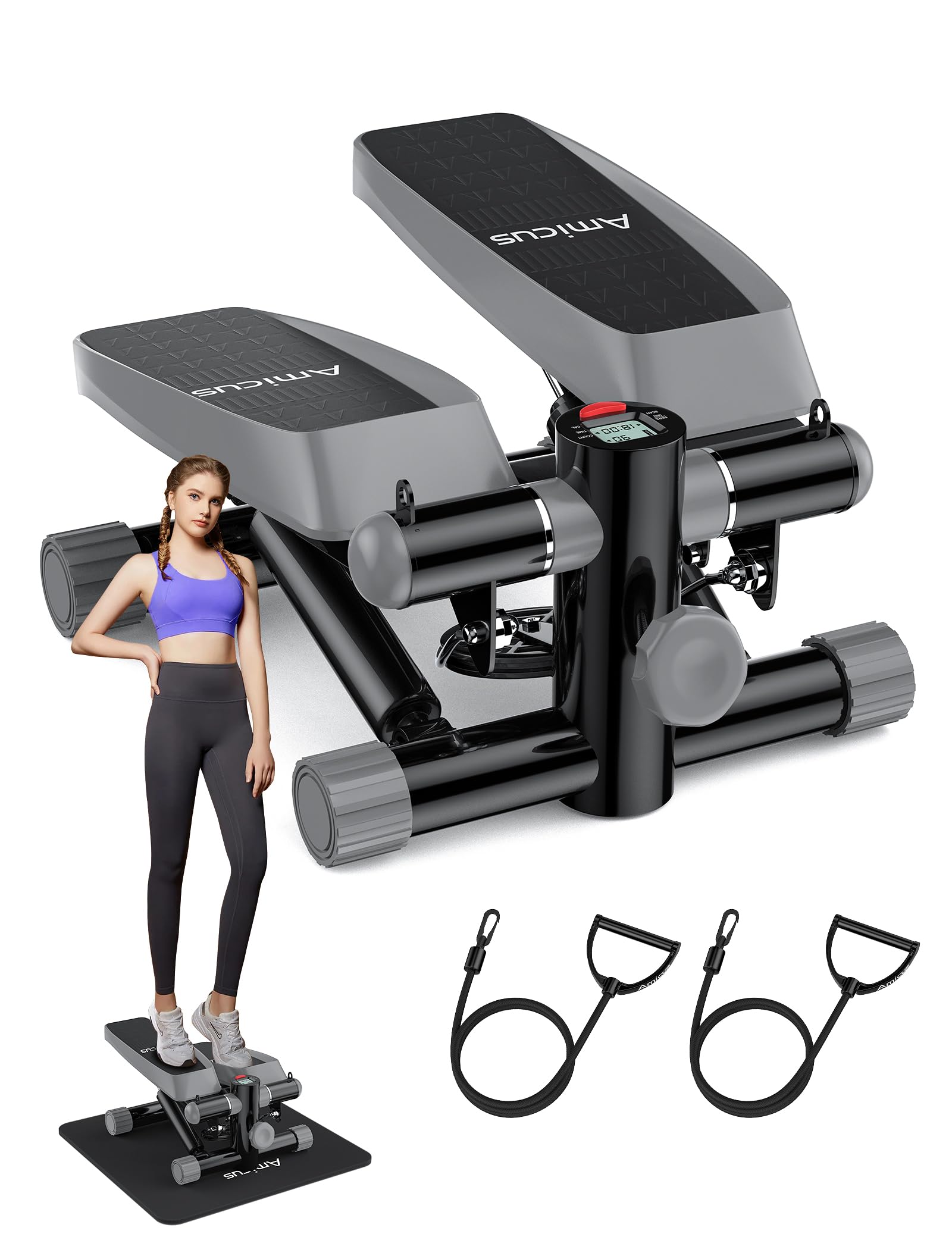 Amicus Mini Stepper for Exercise, Adjustable Height Hydraulic Stair Steppers with Resistance Band for Home, 330lbs Weight Capacity