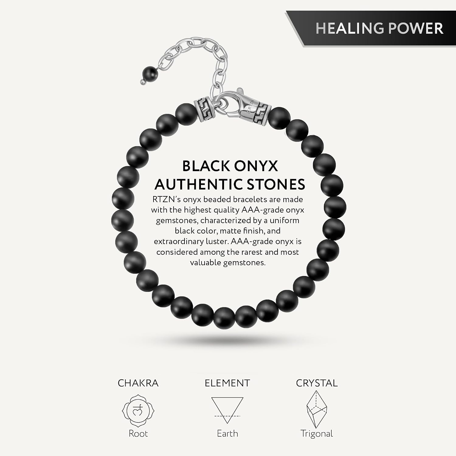 RTZN® Black Onyx Bracelet for Men – Premium Artisan Handcrafted Authentic Matte Black Beaded Bracelet for Men – 8MM Adjustable Mens Beaded Bracelets