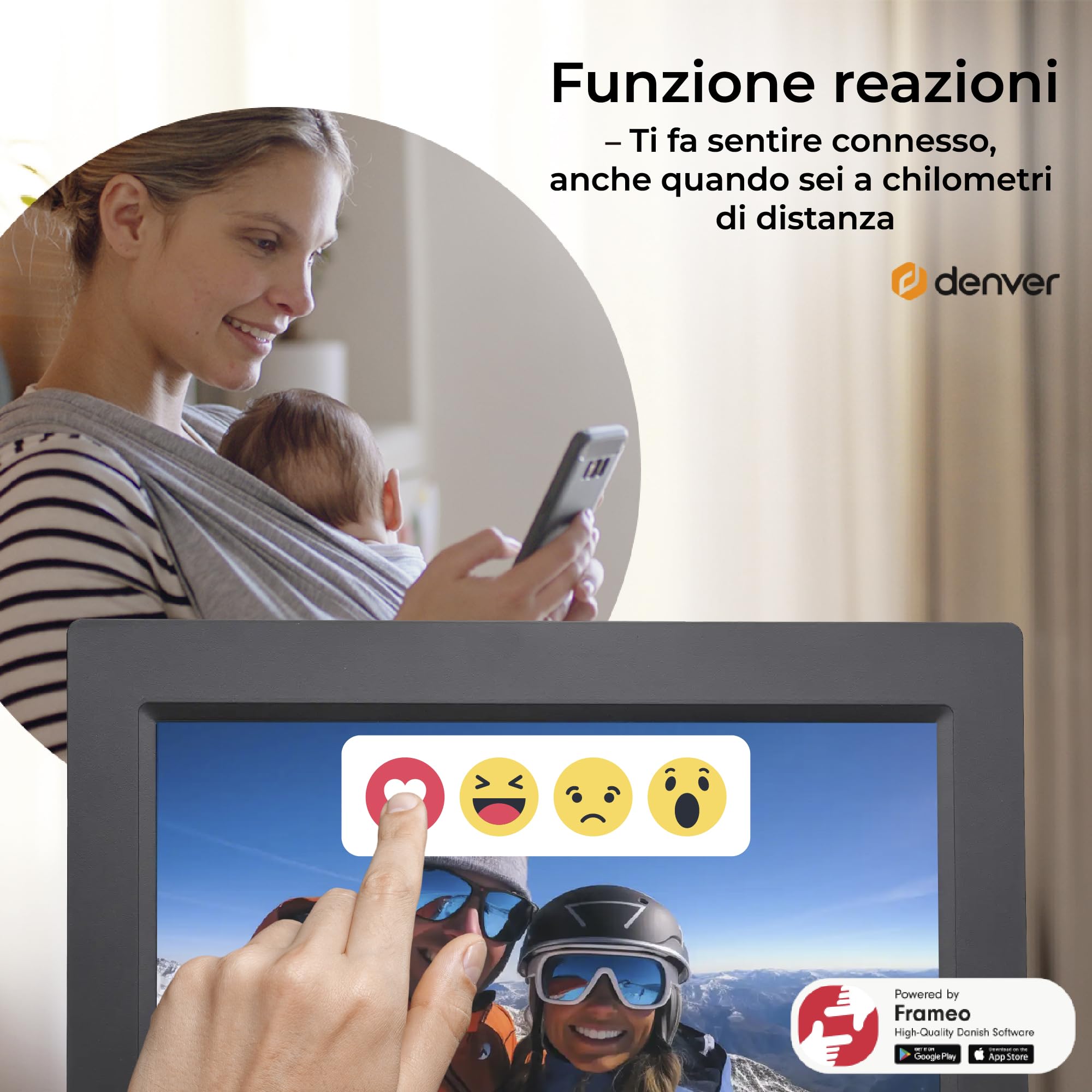 Cornice Digitale 10 Pollici WiFi – Schermo IPS HD 1280x800 – Portafoto Digitale Frameo Denver per Foto e Video – Cornice Elettronica Touchscreen Smart – 16GB Memoria – Slot microSD – Nera