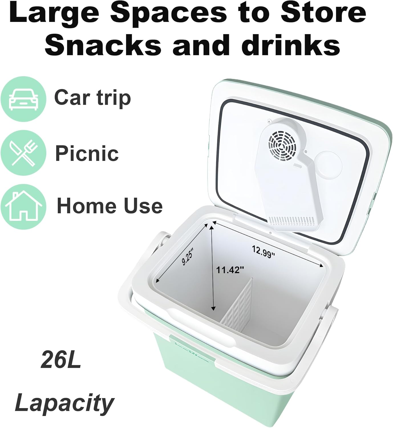 iceblue electric cooler, 26 liters/28 cans mini fridge with automatic locking handle, 120v ac home power cord & 12v car adapter car refrigerator, car fridge for home, car, gift (green) 26l