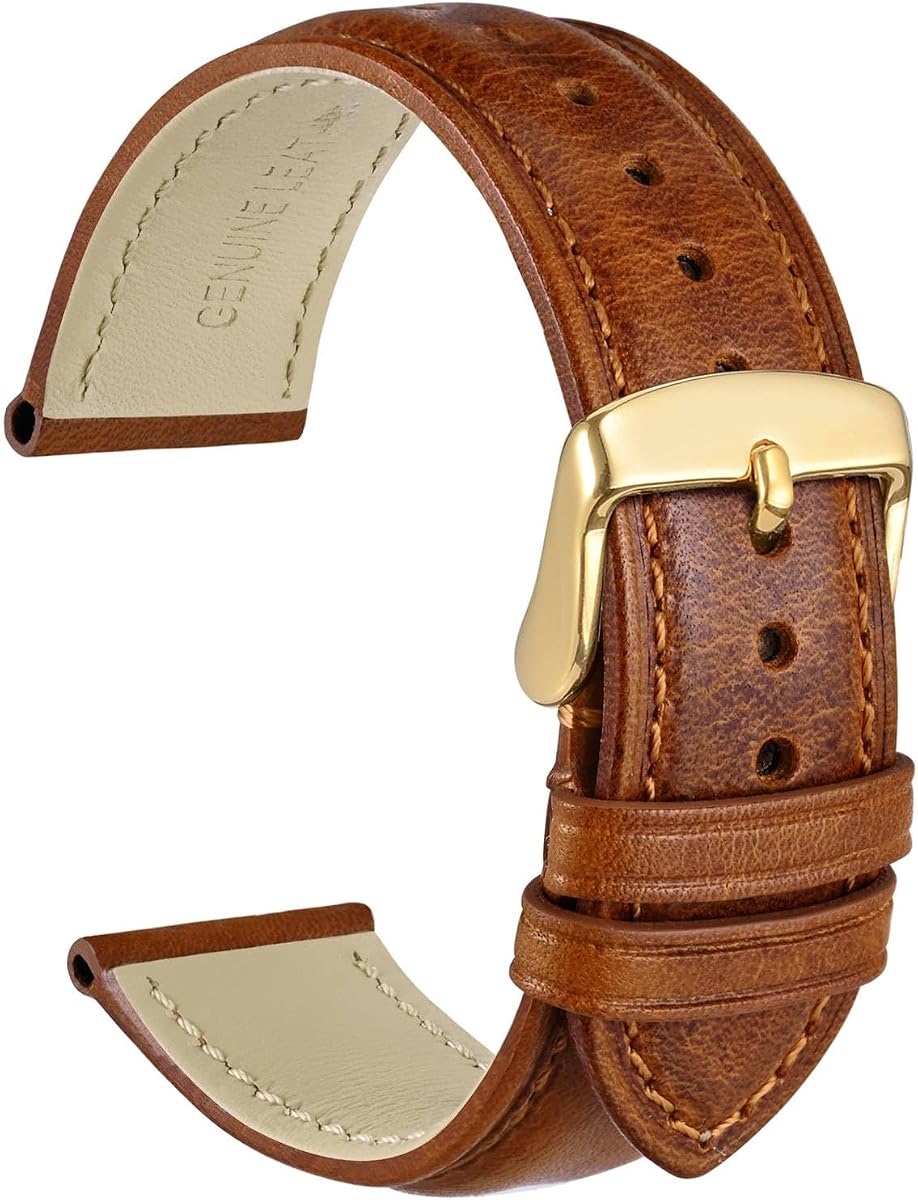 WOCCI Correa de reloj de cuero vintage de 20 mm para hombres y mujeres, hebilla dorada (marrón dorado)