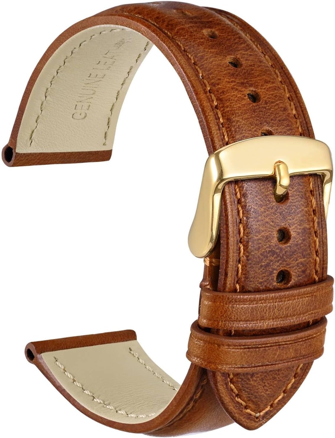 WOCCI 18mm Vintage Leather Watch Band for Men and Women, Gold Buckle (Gold Brown)