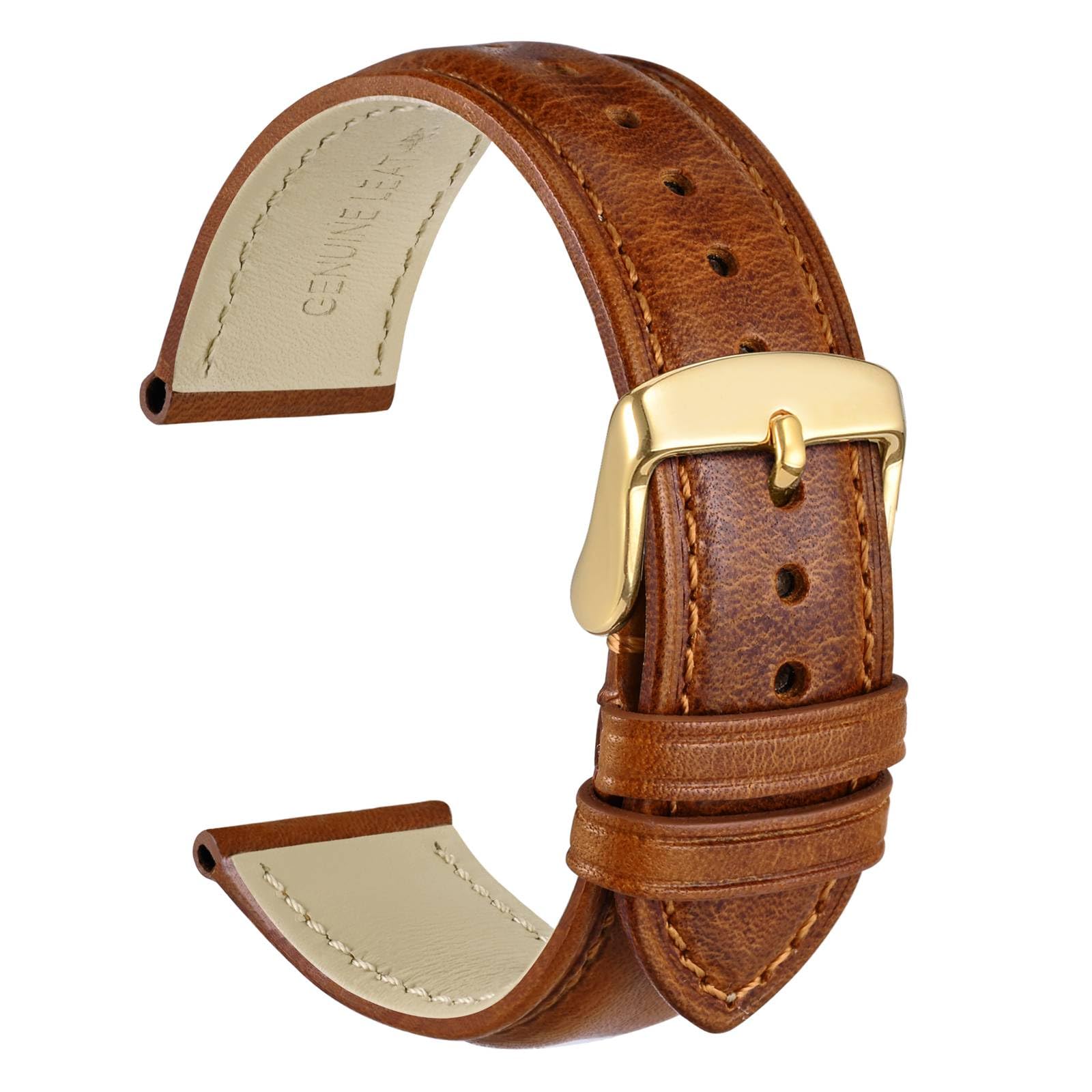 WOCCIWOCCI 22mm Vintage Leather Watch Band for Men and Women, Gold Buckle (Gold Brown)