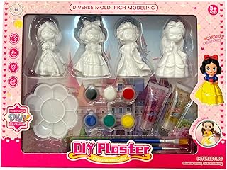 طقم تلوين لشخصيات الأميرات الجصية – مجموعة تلوين يدوية للبنات مع ألوان وفرش و4 قطع + جليتر – لعبة فنون يدوية وتعليمية لعمر 3 سنوات فأكثر