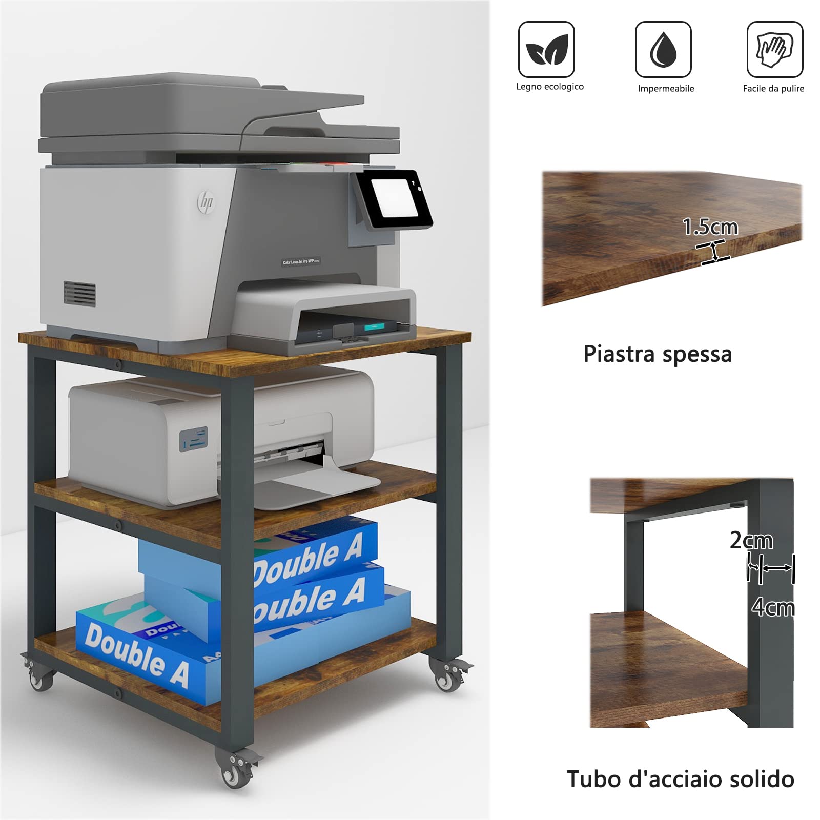 PUNCIA Supporto per Stampante a 3 Livelli Portastampante Tavolo per Stampante 50x50x57,5CM Carrello Mobile con Ruote Scaffale di Stoccaggio 100KG di Carico per Casa e Ufficio (Marrone)