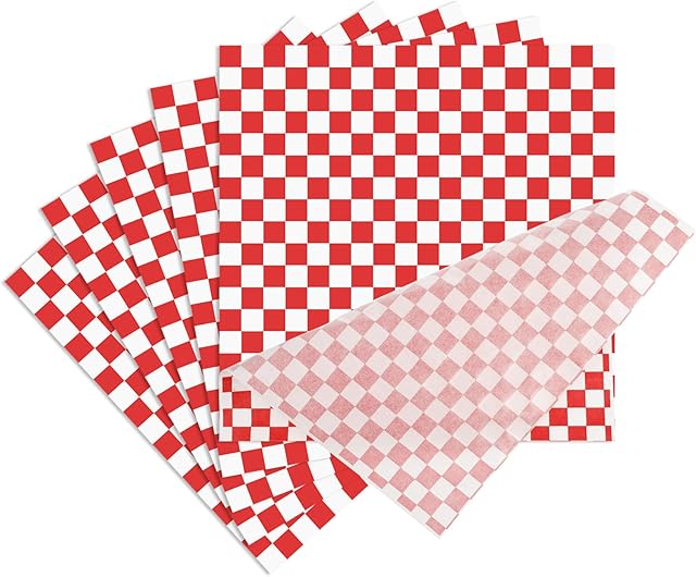 Firtink 100 Sheets Food Grade Wrap Paper Checkered Basket Liners Greaseproof Papers Oil-Proof for Deli/BBQ Sandwich Hamburgers Leftovers Gift Wrapping Tissue, 11x10 Inch