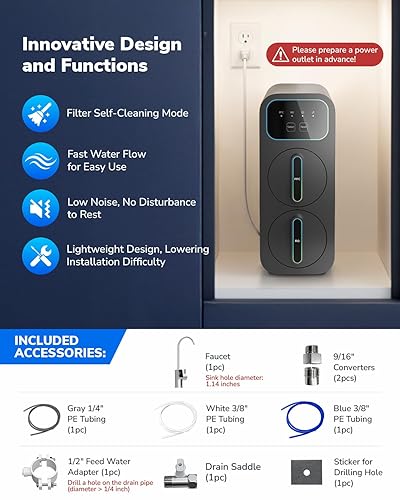 Miniatura 6 de Filtro de agua de ósmosis inversa E8 800GPD, sistema de filtración de agua RO sin tanque de 9 etapas, 2.5 1 puro para drenar, debajo del fregadero,