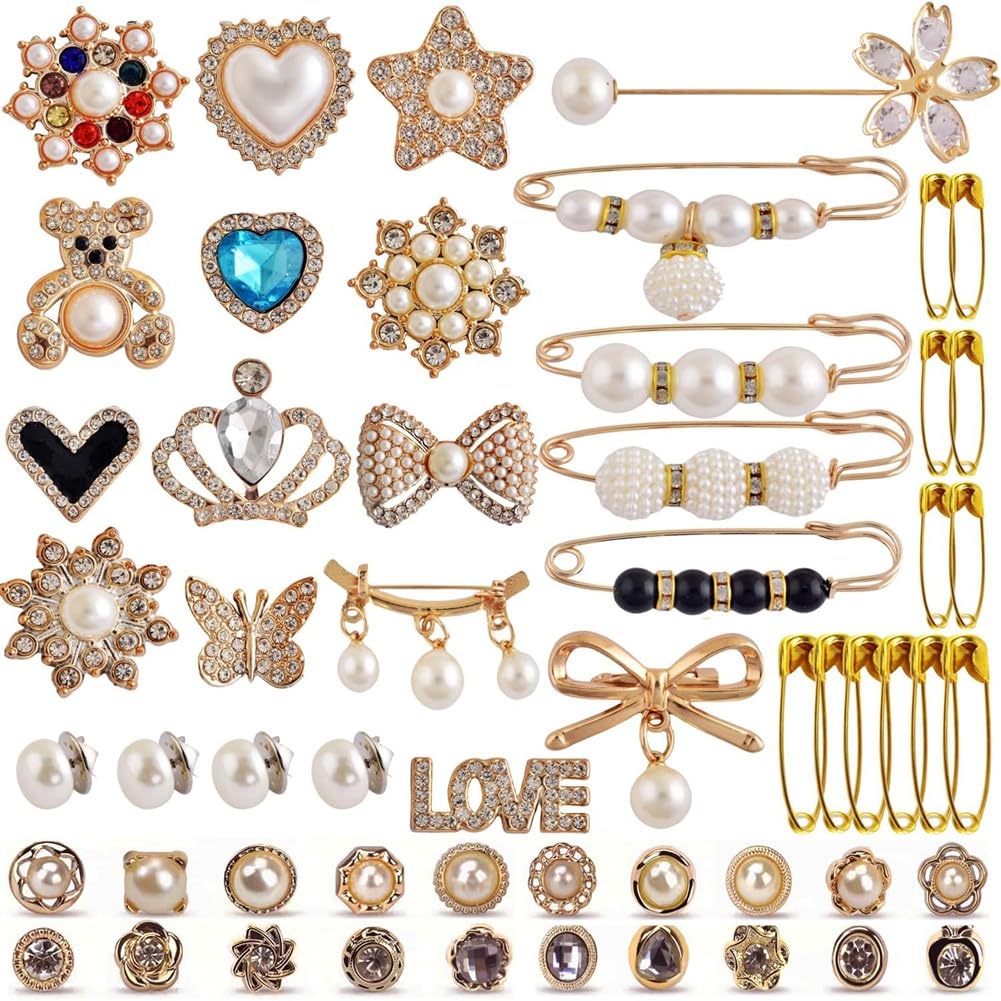 Bosiyrggrl Photo Color 55Pcs Junk Sock Charms Pins Gold Bling Sock Jewelry Charms,Brooch Pins For Socks,Pearl Rhinestone Brooch Pins