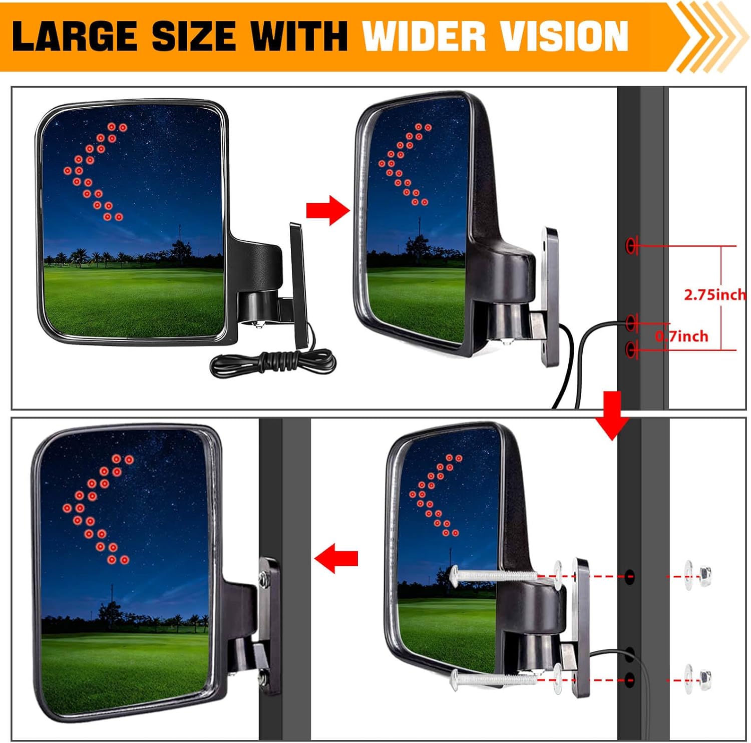 Universal Golf Cart Side Mirrors Rear View Mirror with Turn Signal Light for Club Car,EZGO and Yamaha Golf Carts