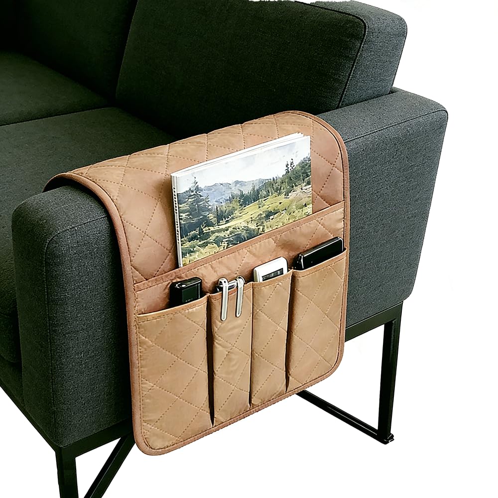 Beisijia Beige Sofa Armrest Organiser, Hanging Caddy Storage Bag For Armchair Couch, Remote Control Holder For Phone, Books, Magazines, Glasses, Drinks And Snacks, Space Saving Design