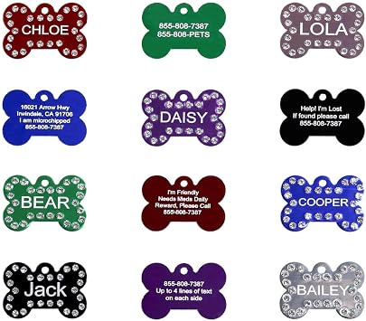 Crystal Pet ID Tags - Engraved Personalized Dog Tags, Cat Tags Front & Back up to 5 Lines of Text Bone, Heart