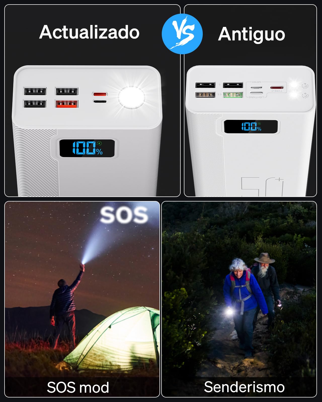 50000mAh Power Bank：22.5W Batería Externa de Carga rápida con Gran Capacidad y 5 Salidas y 3 entradas Reproductor MP3 3PM