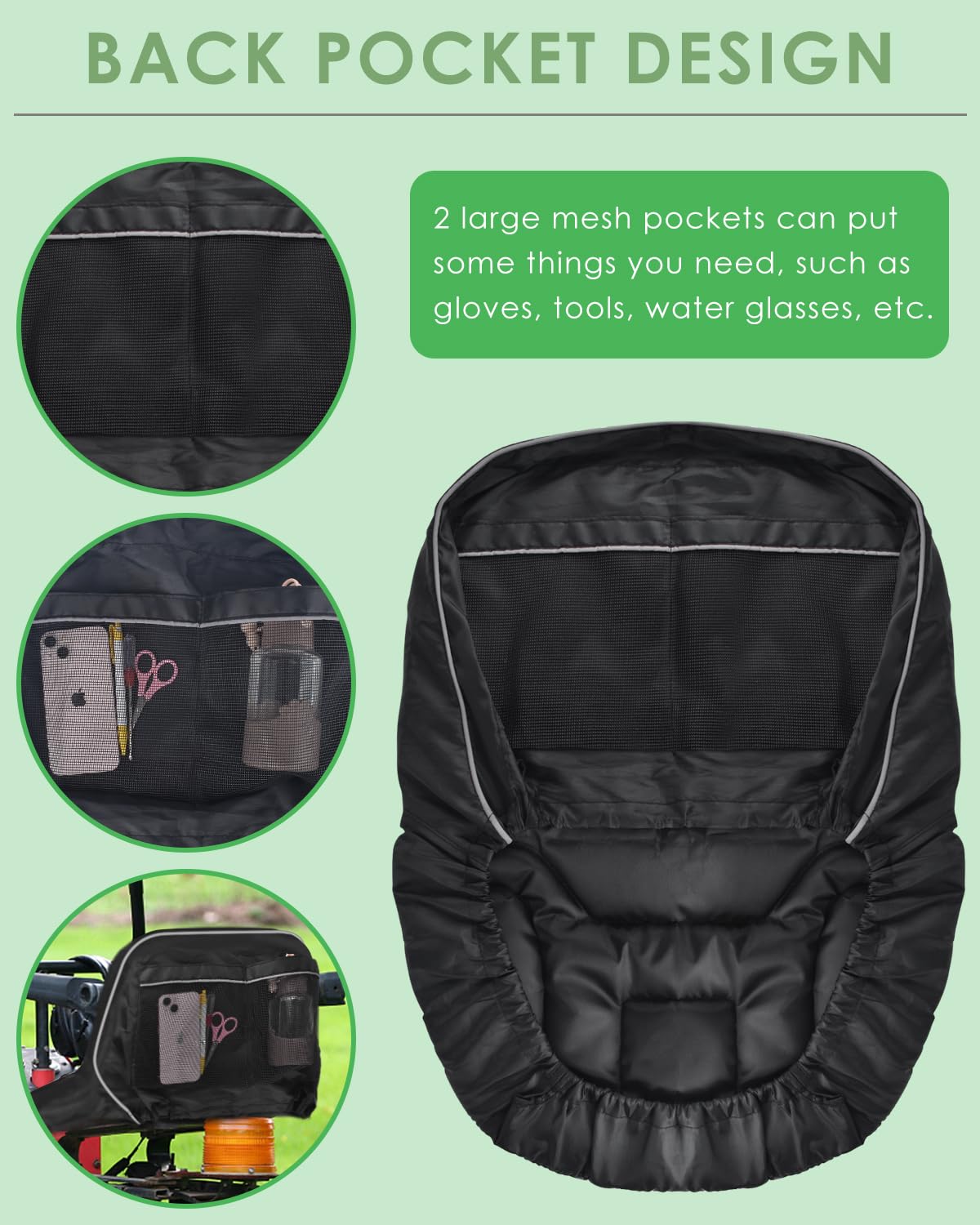 PACETAP Funda de Asiento de Tractor con Bolsa de Bebidas, Resistente al Agua, Oxford 600D, para cortacésped, Compatible con Kubota, Cub Cadet, Ford, Mahindra, Husqvarna (Negro, Mediano)