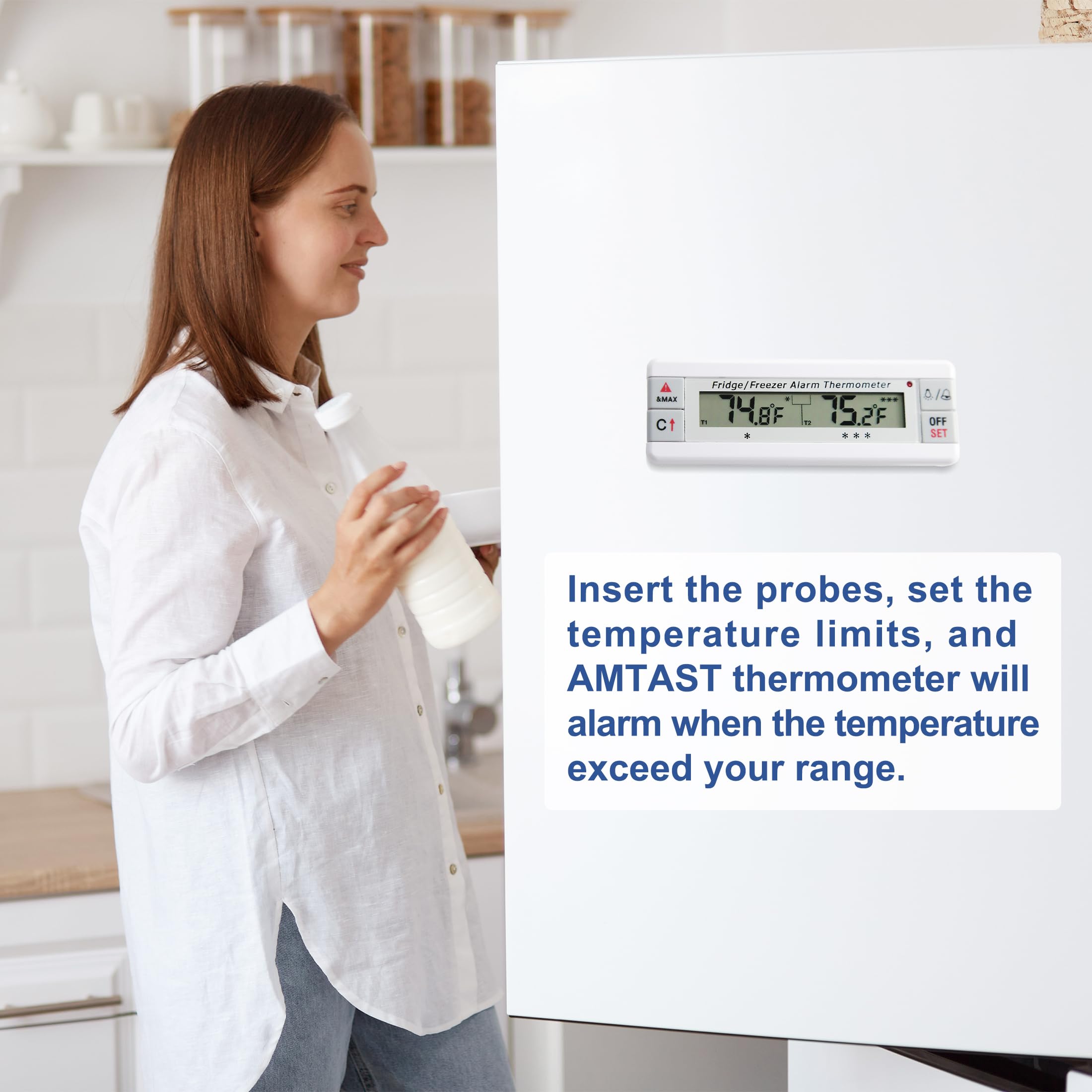 Frigorifero/Congelatore Allarme Termometro 2 Canali Frigorifero Termometro con Indicatore di Allarme LED Memoria Max/Min per Casa Cucina Ristoranti Bar Caffè
