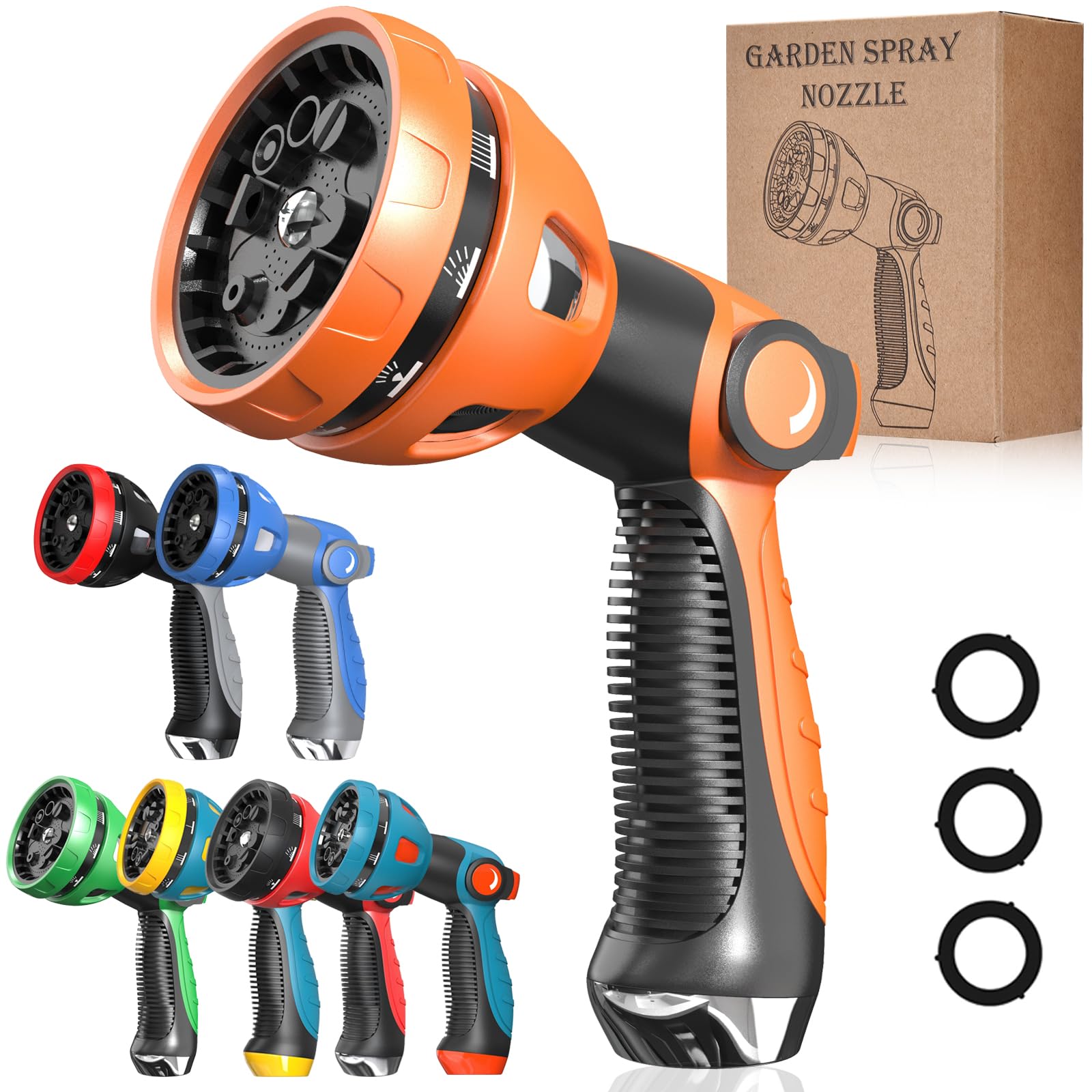Water Hose Nozzle With 10 Spray Patterns - High Pressure Garden Nozzle for Watering Plants, Washing Cars, Pets (Orange)