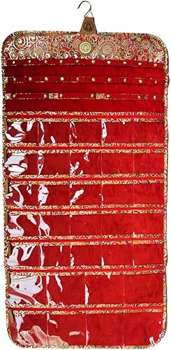 Miniatura 8 de Angelina's Palace Tenby Jewelry - Organizador de doble cara para colgar en el armario, rollo de almacenamiento de joyas, 24 barras de anillos de