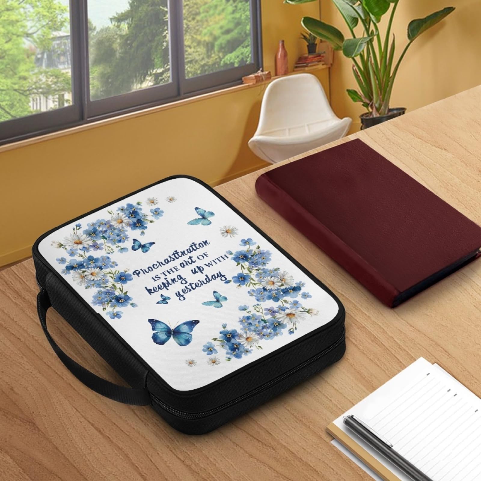 Custodia Libro Farfalla Blu Florale Copertura Bibbia con Manico Cerniera Tela in Poliestere per Uomo Donna Porta Libro Grandi Capacità Custodia per Libri 27.5x22.5x5.5 cm