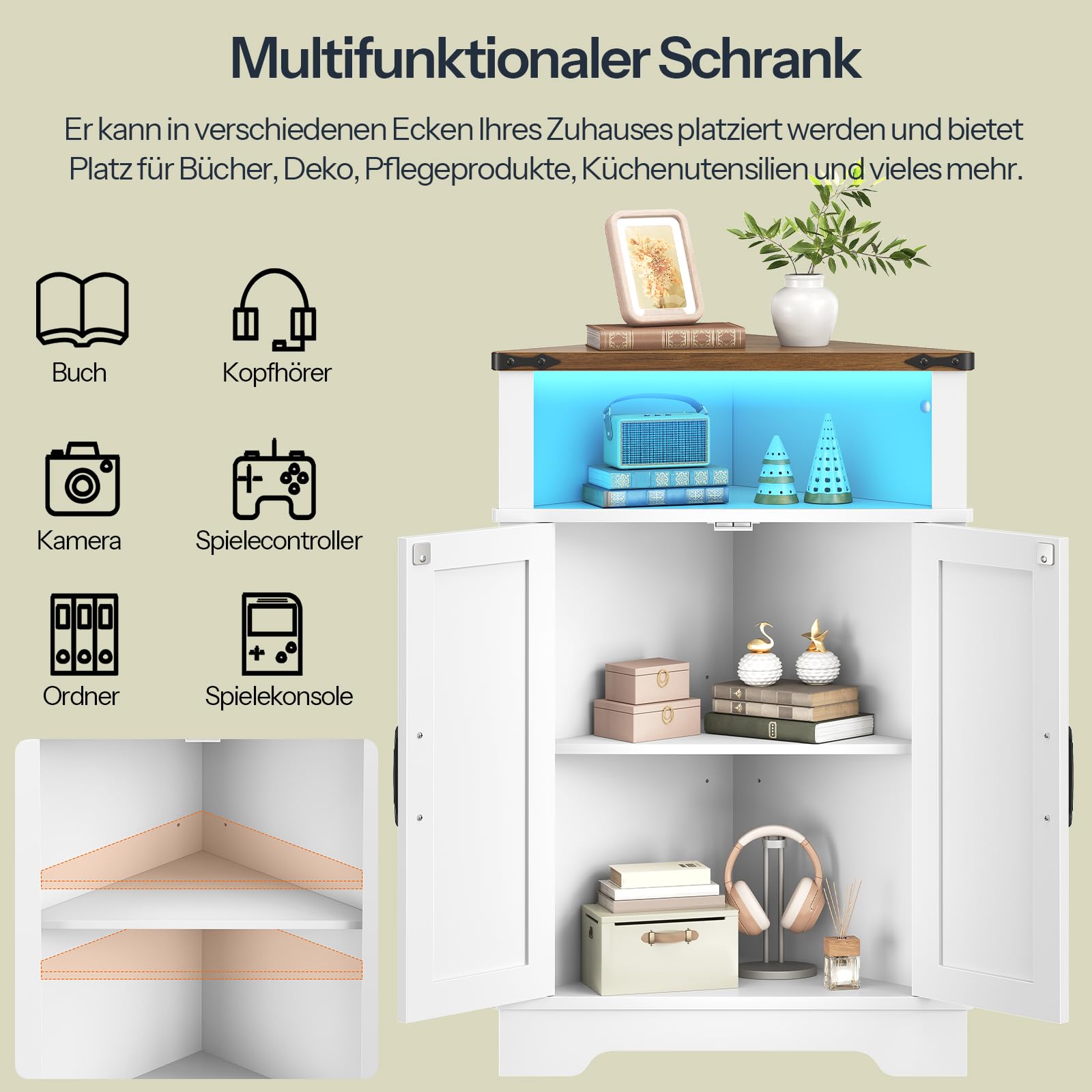 HOOBRO Eckschrank mit LED-Streifen, Küchenschrank, Aufbewahrungsschrank | Küchenschrank mit Verstellbarem Einlegeboden und Offenem Fach, Eckkommode für Wohnzimmer, Bad, Weiß und Walnuss EWH119DCJ01