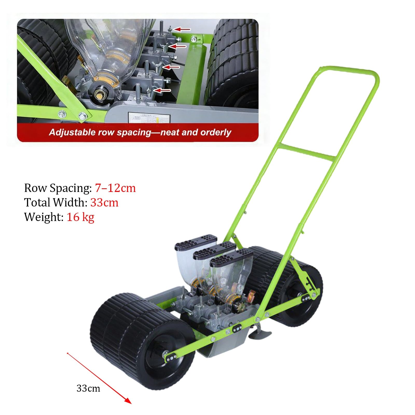Seminatrice Manuale multifilare per orto, con spaziatura tra Le File, tra Le Piante e profondità di Semina Regolabili(3-Wheel)