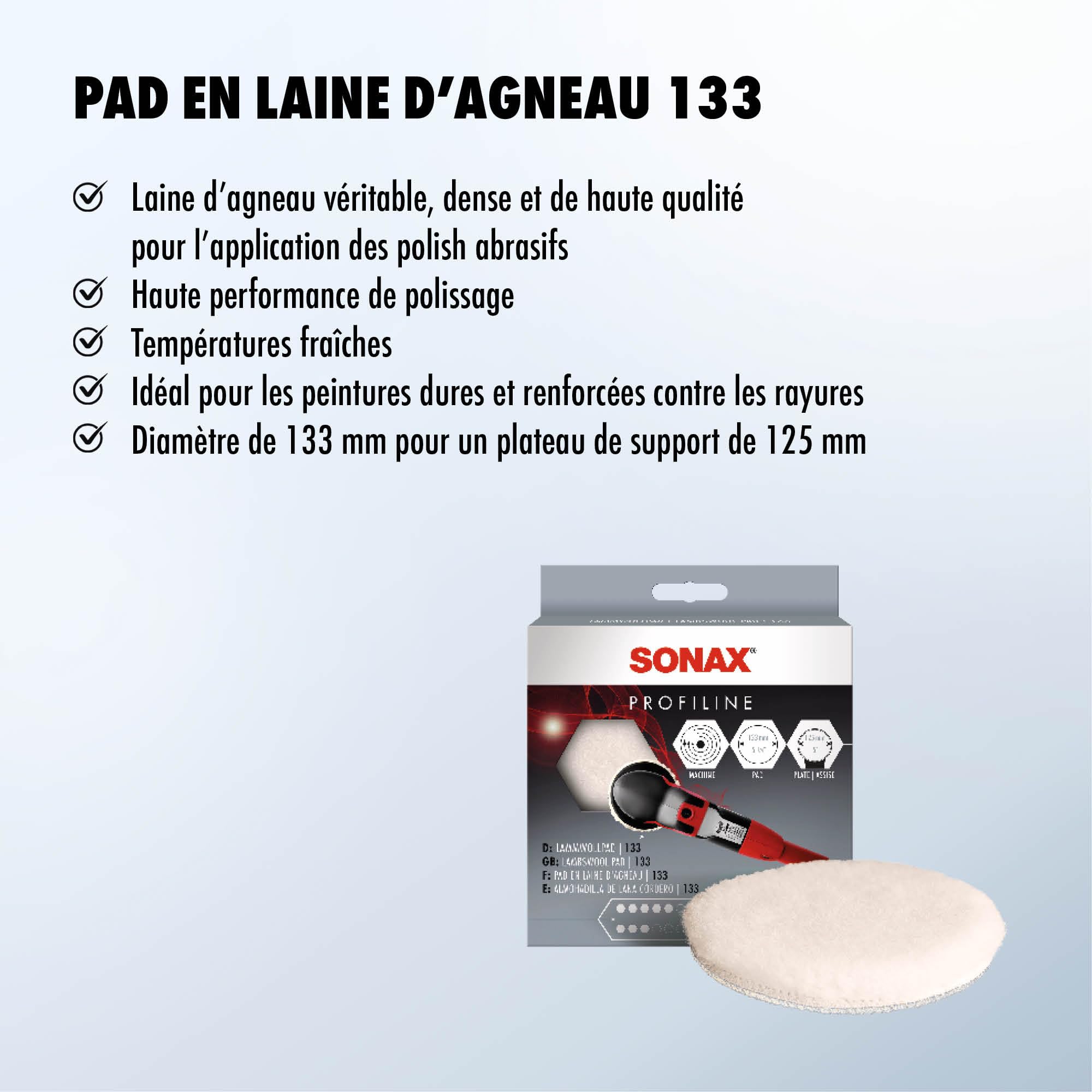 SONAX Pad en laine 133 (1 pièce) pad de polissage pour vernis avec polisseuse rotative