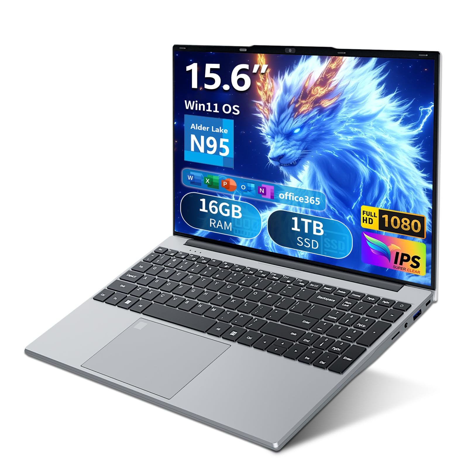 AUKABREX Ordenador Portátil Win 11, 15,6 Pulgadas Portátil 16GB RAM 1TB SSD, Laptop Office 365, Celeron N95 CPU, PC Portatil Teclado Retroiluminado/Desbloqueo Huellas Dactilares, Webcam/BT4.2/USB3.0