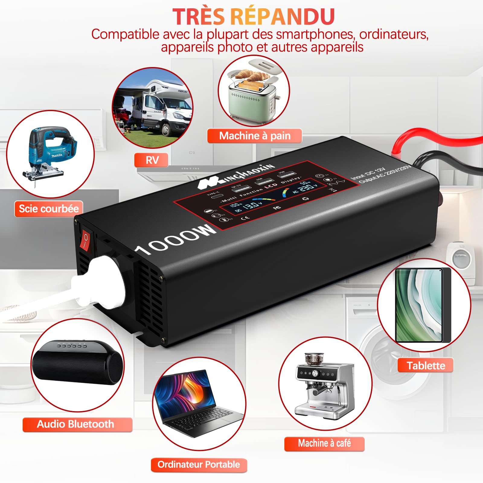 Convertisseur 12V 220V Pur Sinus 1000W/2000W Inverter Convertisseur De Tension avec EU De Courant Alternatif Et 3 Port USB-A Et USB-C De Voiture De Tension Onduleurr pour RV Voiture De Camion