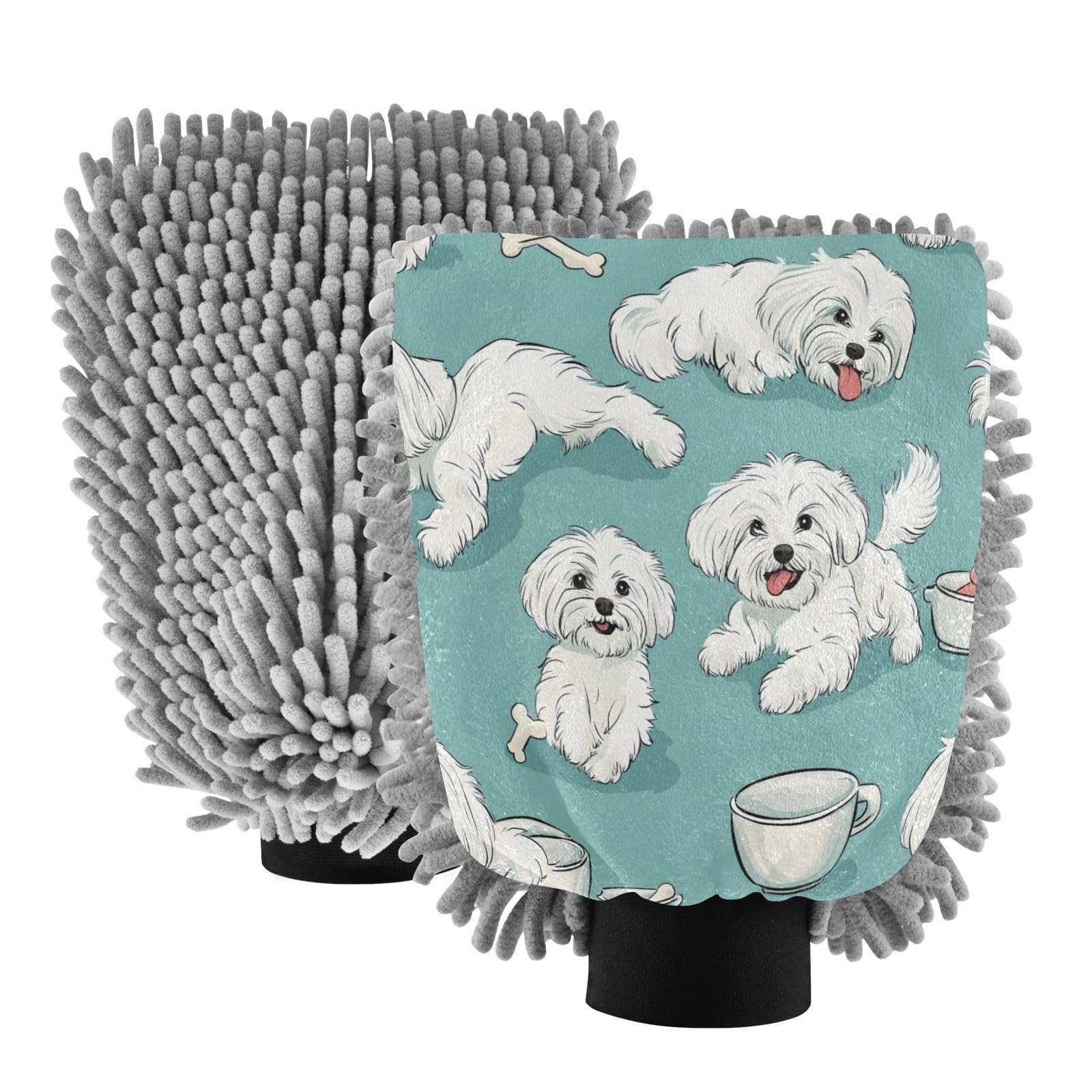 STAYTOP Cute Little Dog Car Wash Mitt Microfiber, 2Pcs Scratch Free Lint-Free, Premium Chenille Microfiber Mitt Car Wash Brush-L