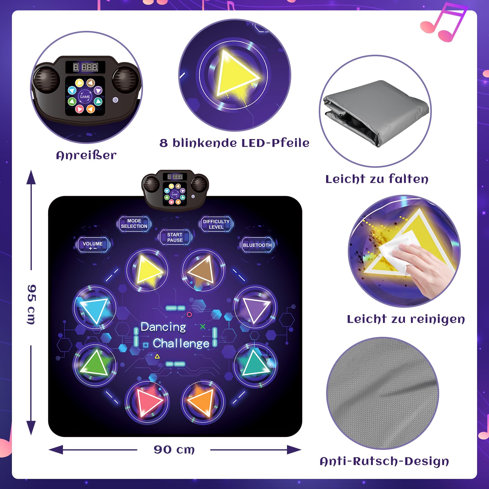 Tigvio Tapis de Danse Rechargeable pour Enfants à partir de 3, 4, 5, 6, 7, 8, 9, 10, 11, 12 Ans, avec 8 lumières LED et Bluetooth, Jouet pour Enfants, Cadeaux de Noël pour Filles de 3 à 12 Ans