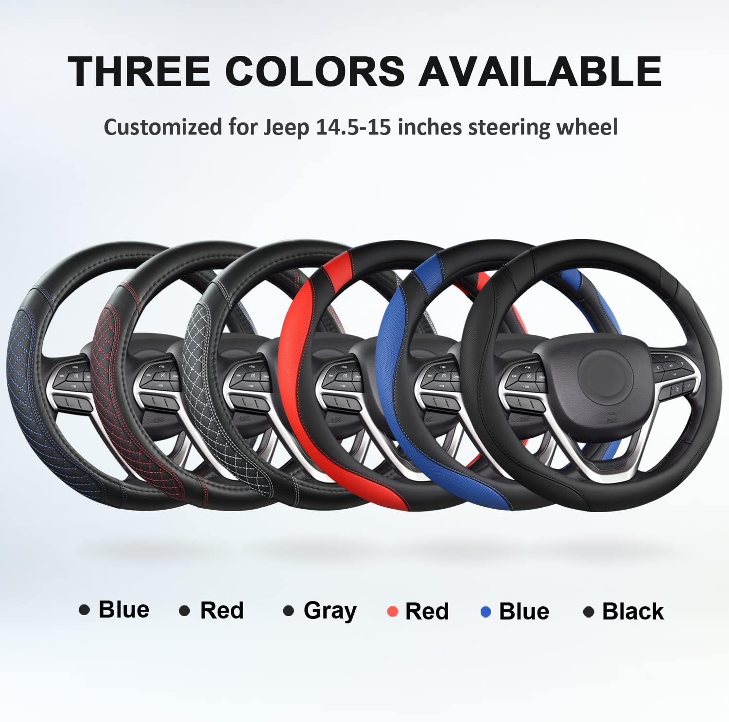 West Llama Customized Auto Car Steering Wheel Cover for Jeep Grand Cherokee,Wrangler,Compass,Gladiator,Cherokee 14.5-15 inches(Diamond Quilted-Black+Red-Standard Size)