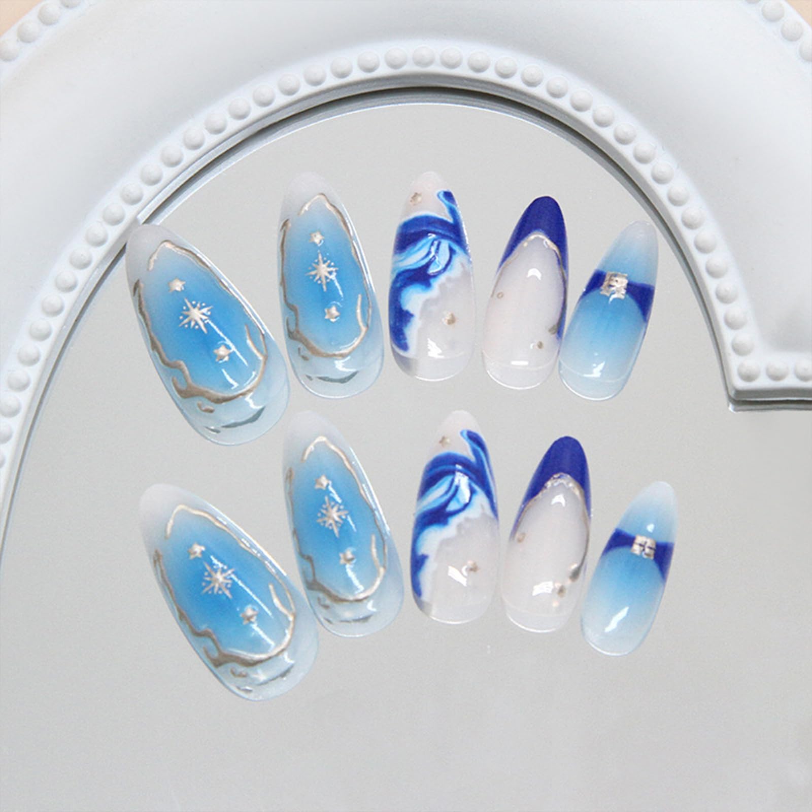Sea Galaxy Press-On Nails with Marble & Gold Design, Blue Almond Tip, 24PCS Medium-Length Glossy False Nails Set - Image 3