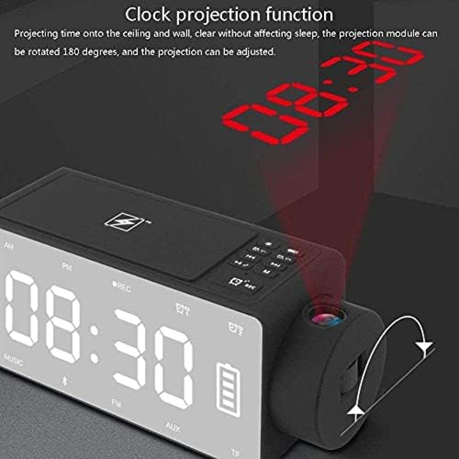 Sveglia Digitale con proiettore LED Specchio Altoparlante Bluetooth Wireless Doppio Allarme Radio FM Porta di Ricarica USB Regalo