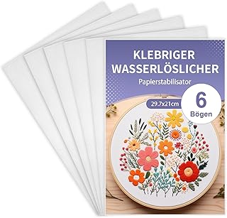 6 PCS Stickvlies Wasserlöslich Selbstklebend, A4 (29.7x21cm) Bedruckbar Stickpapier, Wasserlösliches Stickvlies Ideal für Drucken oder Zeichnen, Maschinen und Handstickerei