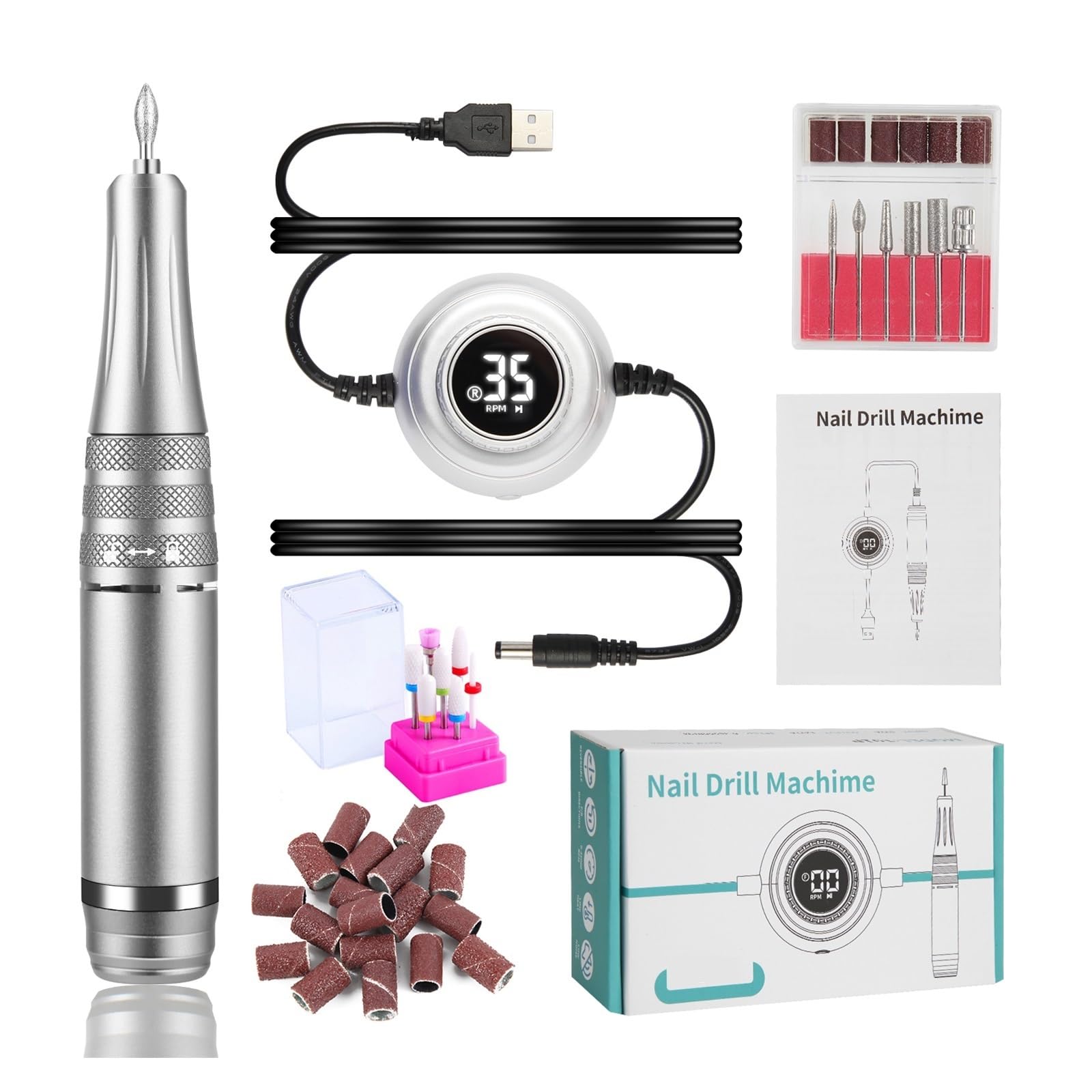 Lima elettrica per unghie Trapano for unghie 35000 RPM Macchina for manicure elettrica Pedicure Set di trapani for manicure Set di frese Set di strumenti for lima for unghie Lima precisa(Silver Set)