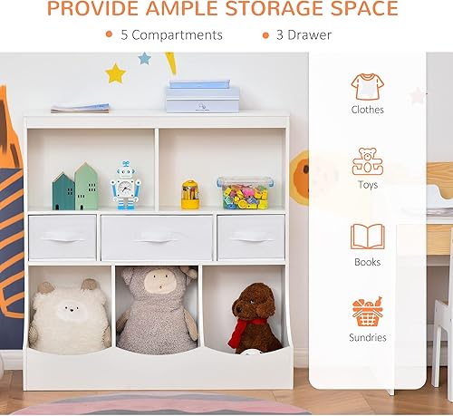 Miniatura 5 de HOMCOM Estantería para niños, organizador de almacenamiento de juguetes, estantería de exhibición para niños con cajones para juguetes, ropa,