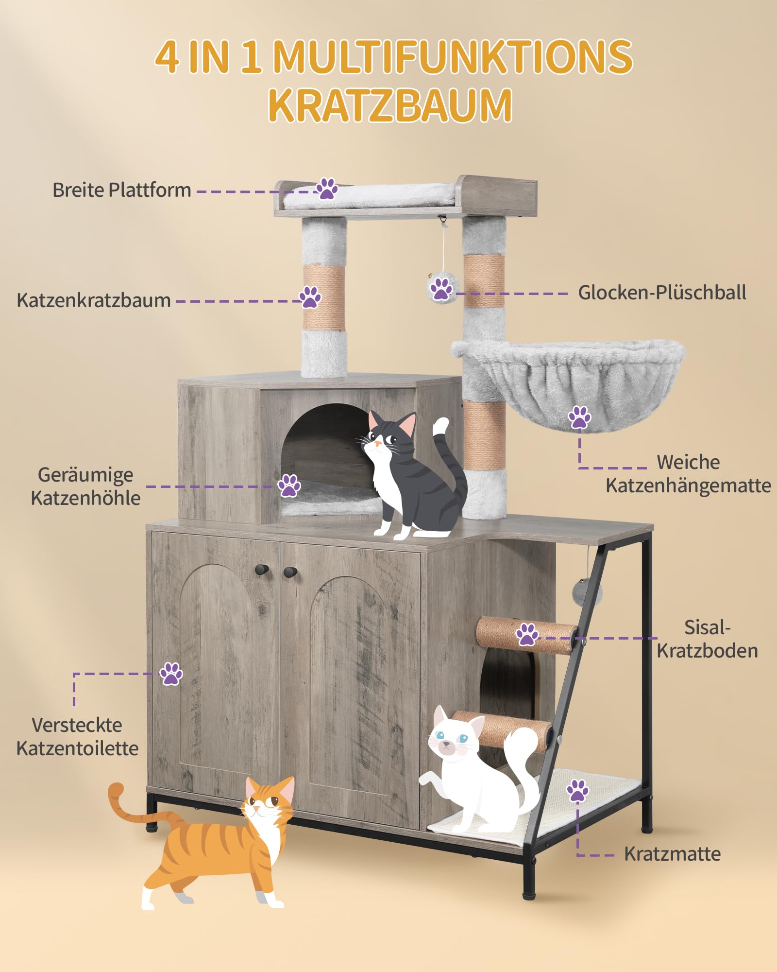 Hzuaneri Kratzbaum mit Katzenklo-Schrank, Katzenschrank, 4-in-1 Modernes Katzenhaus mit Großer Plattform, Katzenhaus mit Sisal-Kratzmatte, Pfosten, Treppe und Pompom, Waschbare Kissen, Greige CB81005B