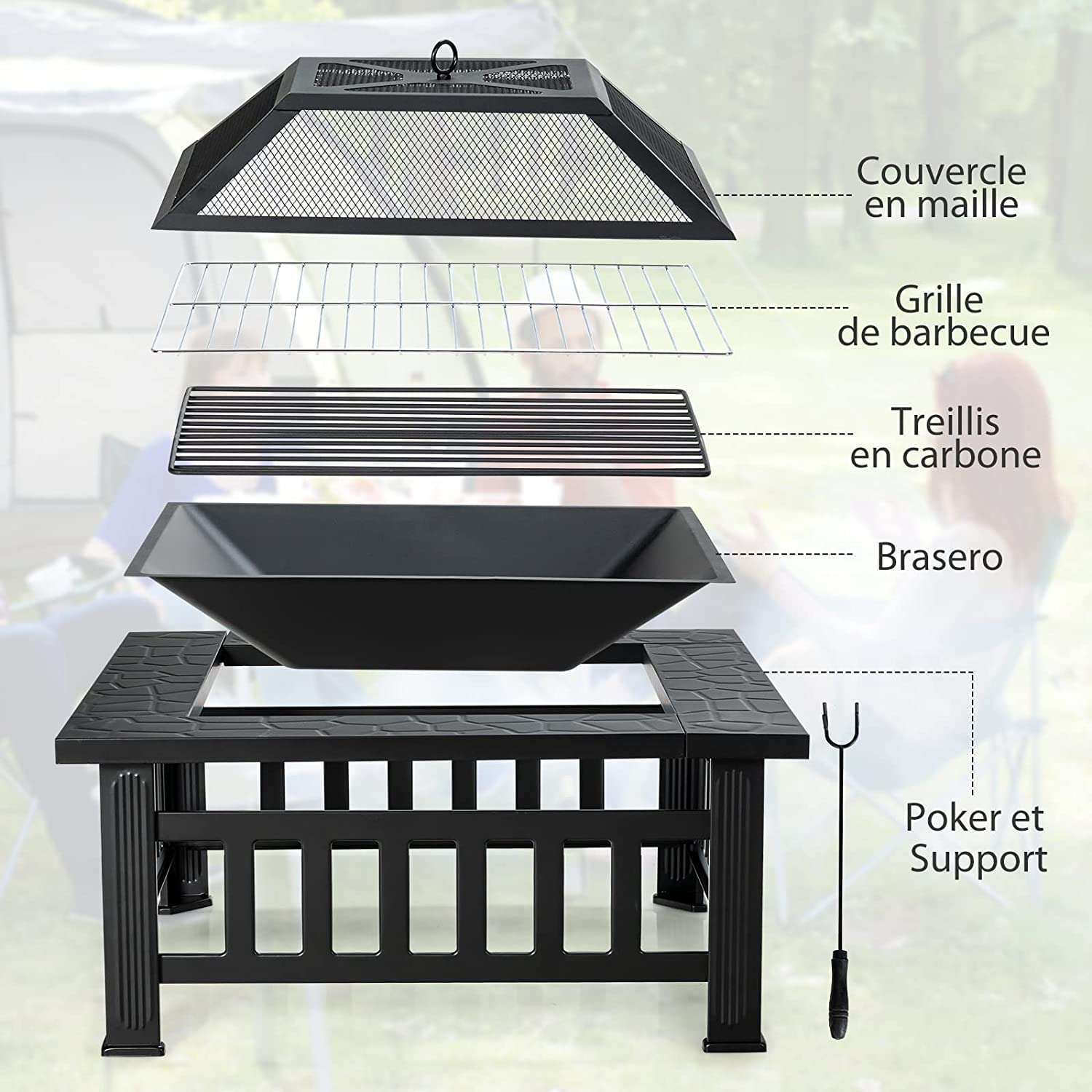 GOPLUS Brasero de Jardin Carré en Fer,Table de Foyer Maille et Couvercle Pare-étincelles avec Tisonnier Long,Grand Bac de Rangement pour Chauffage et Barbecue Glacière 81x81x50cm (Noir)