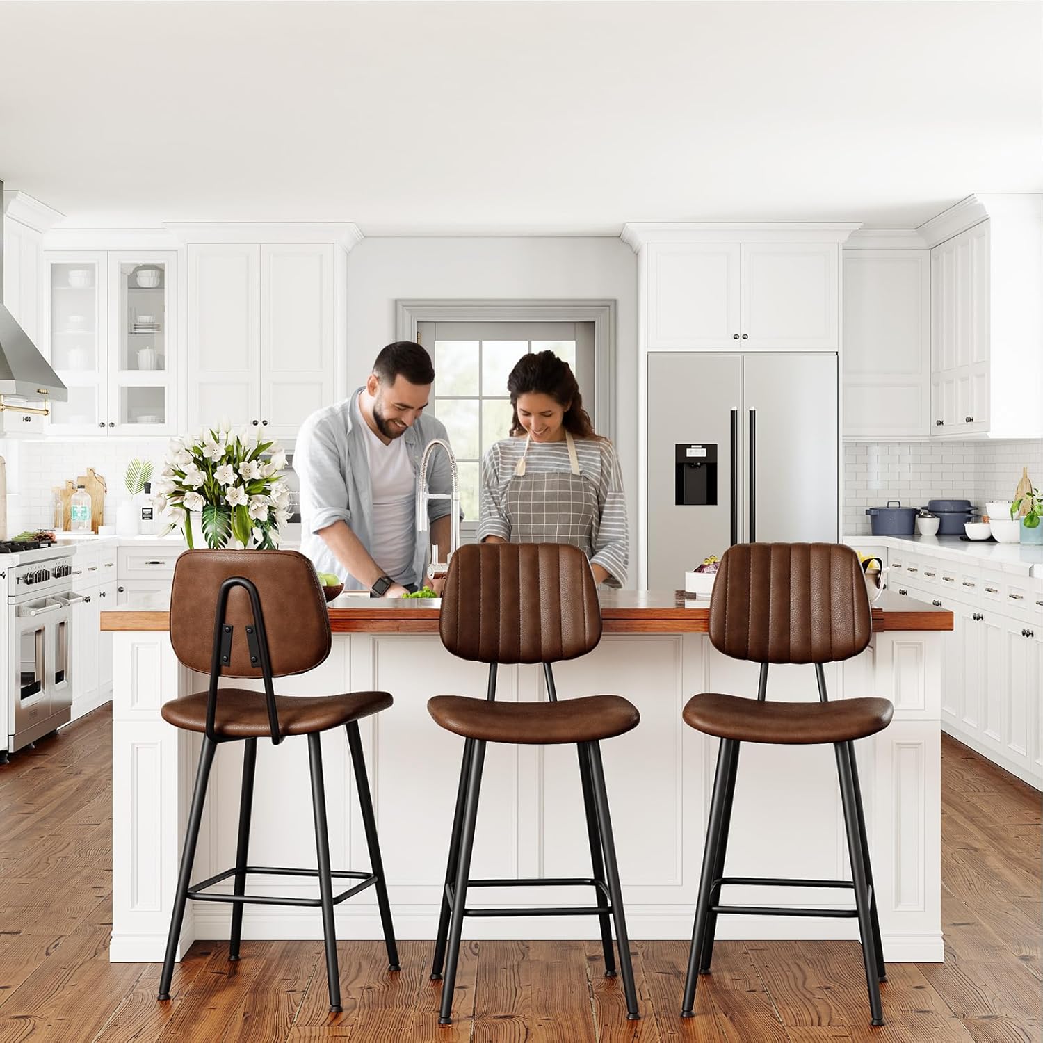 24-Inch Leather Bar Stools Set of 3, Counter Height Barstools with High Backrest，Bar Chairs for Kitchen Island with Heavy Duty Metal Legs, Dark Brown