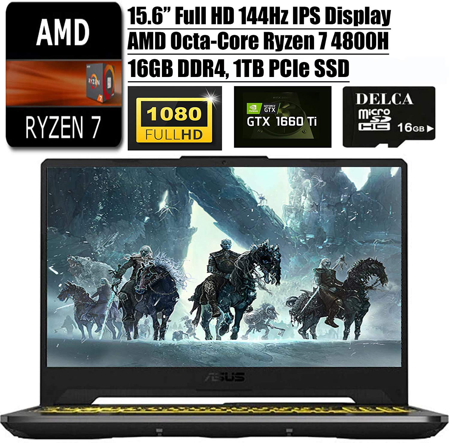 Asus TUF A15 2020 Latest Gaming Laptop I 15.6" 144Hz FHD I AMD 8-Core Ryzen 7 4800H(>I7-9750H) I 16GB DDR4 1TB PCIe SSD I NVIDIA GTX 1660 Ti RGB Backlit KB Win 10 + Delca 16GB Micro SD Card