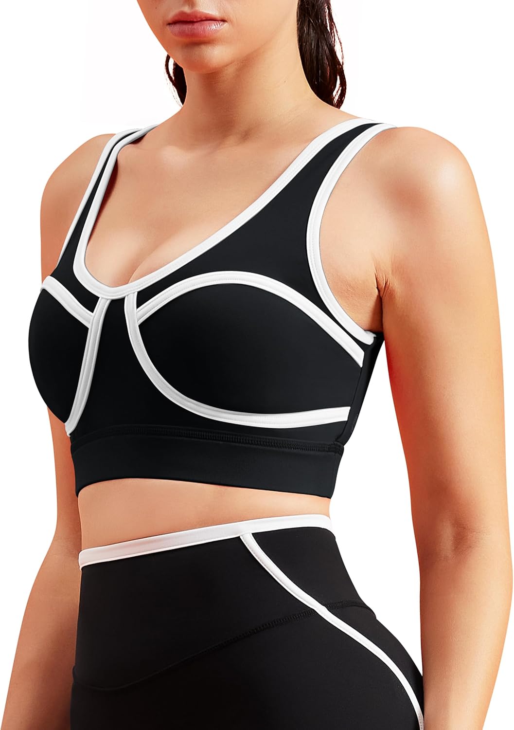 Women Sports Workout Bras Contrast Piping Bras Wirefree Yoga Bra Padded Sports Bra