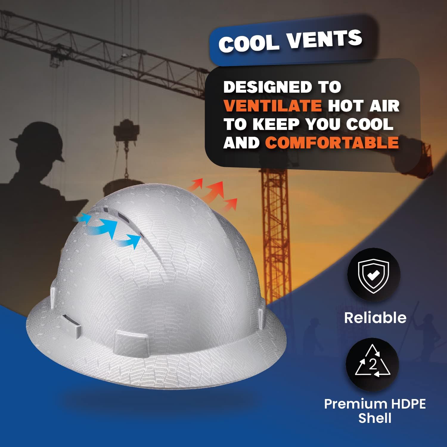 Full Brim Hard Hat Vented, Class C, OSHA Construction Work Approved, Premium Carbon Fiber Design, Soft Padded 6 PT Adjustable Ratchet Suspension, Top Pad