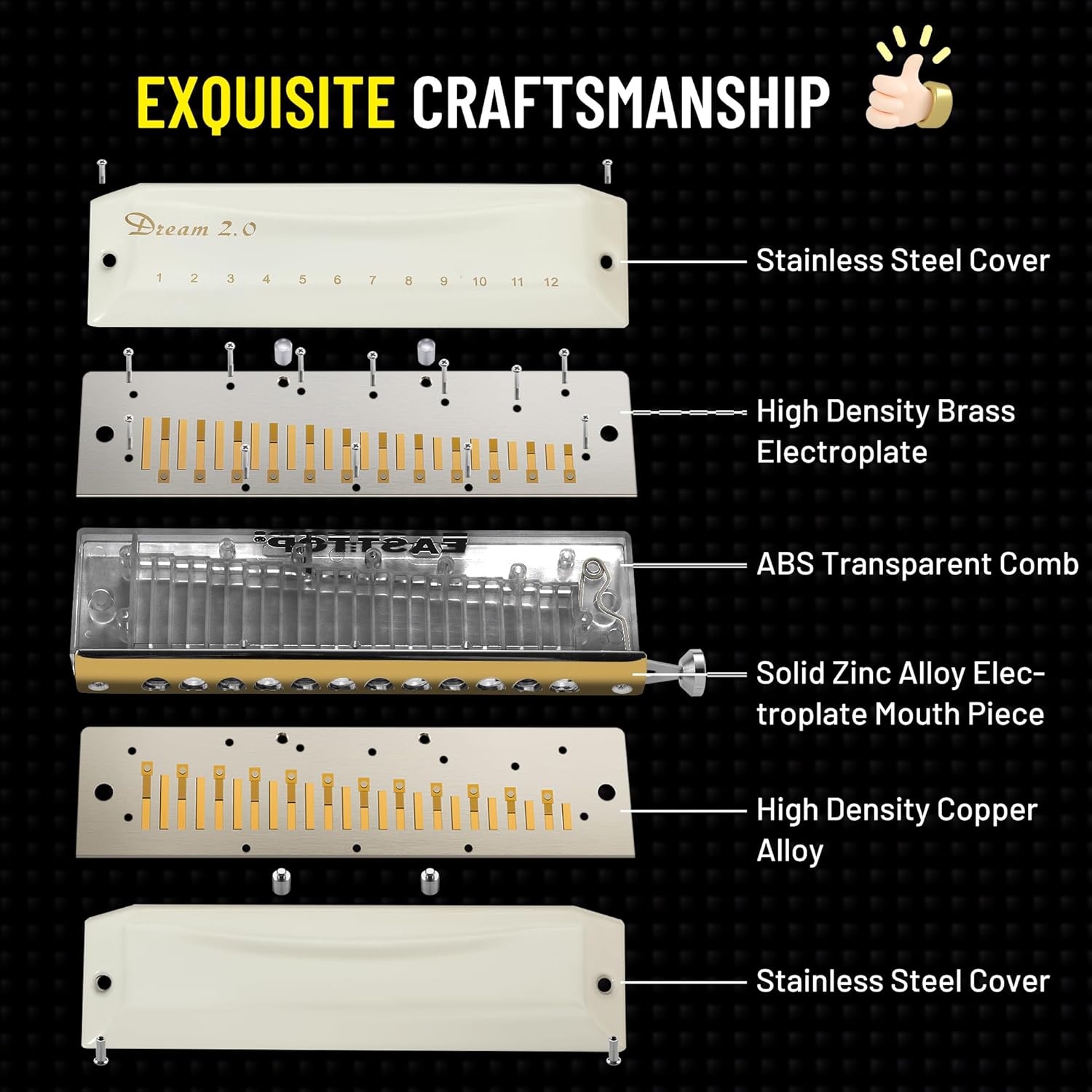 EAST TOP Chromatic Harmonica Key of F,12 Holes 48 Tones Professional Mouth Organ Dream Chromatic Harmonica for Adults, Professionals and Students,WHITE