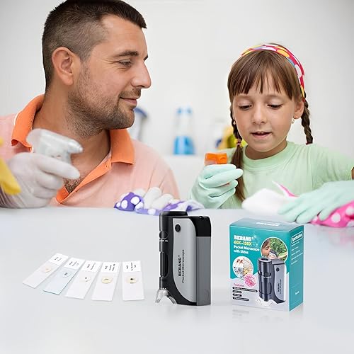 Miniatura 7 de BEBANG Microscopio de bolsillo, mini microscopio de mano 60X-120X para niños con zoom iluminado LED, kits de microscopio portátil con 5 diapositivas