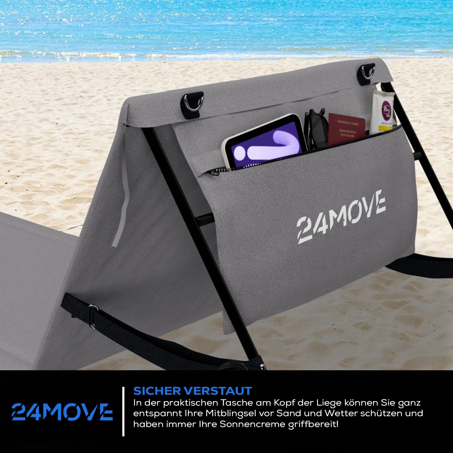 24MOVE® Strandmatte Set klappbar mit Verstellbarer Rückenlehne, Strandliege faltbar mit Schlaufen, Aufbewahrungstasche, Sonnenliege für Strand Garten, versch. Farben