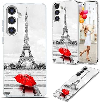 for Samsung Galaxy S24 Case for Girl Women Men,AKORAVO Full Protective Shockproof Slim Soft TPU Clear Phone Cover Cases with Cute Design for Galaxy S24,Romantic France Paris Eiffel Tower Red Umbrella