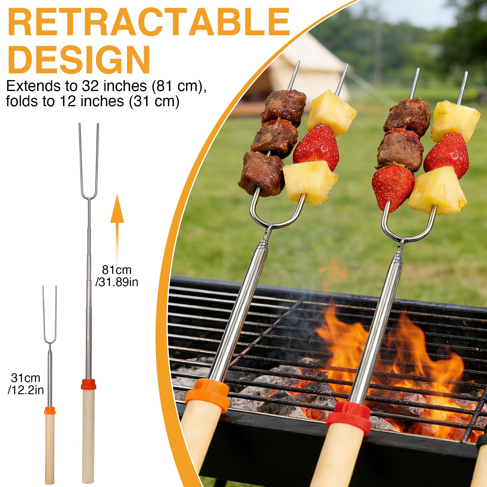 Ninnyi 16 Pcs Marshmallow Toasting Forks, Extendable Smores Marshmallow Toasting Sticks Kit with 1 Brush for BBQ, Outdoor Picnic, Bonfire - 4